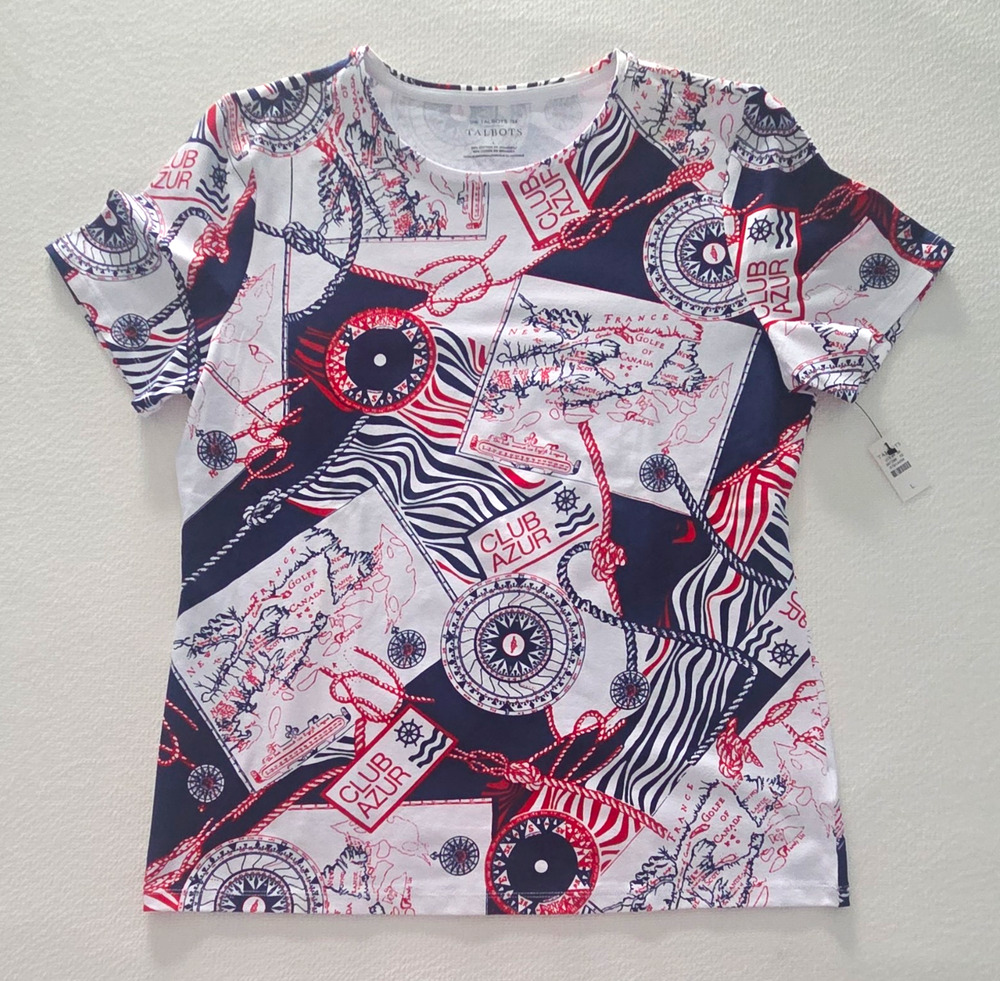 Women's Talbots White Red Blue Nautical Print Crew Neck Tee. Size L